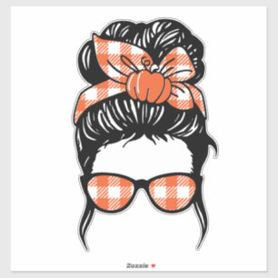 Pumpkin Messy Bun Sticker – Fall Plaid Hair Bow 