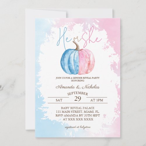 Pumpkin Minimal Pink Blue Gender Reveal  Invitation