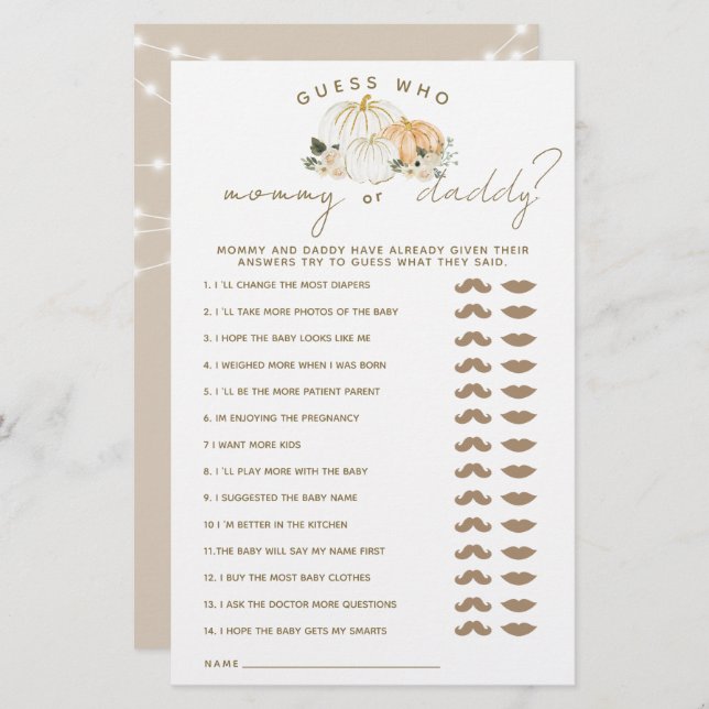 Pumpkin Minimalist Modern Fall Baby Shower Game (Front/Back)