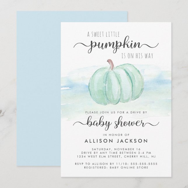 Pumpkin Mint Blue Baby Boy Drive By Shower Invitation (Front/Back)