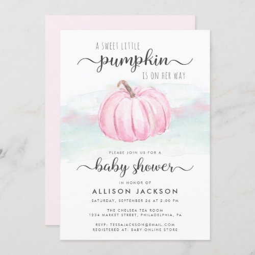 Pumpkin Mint Pink Watercolor Baby Girl Shower Invitation