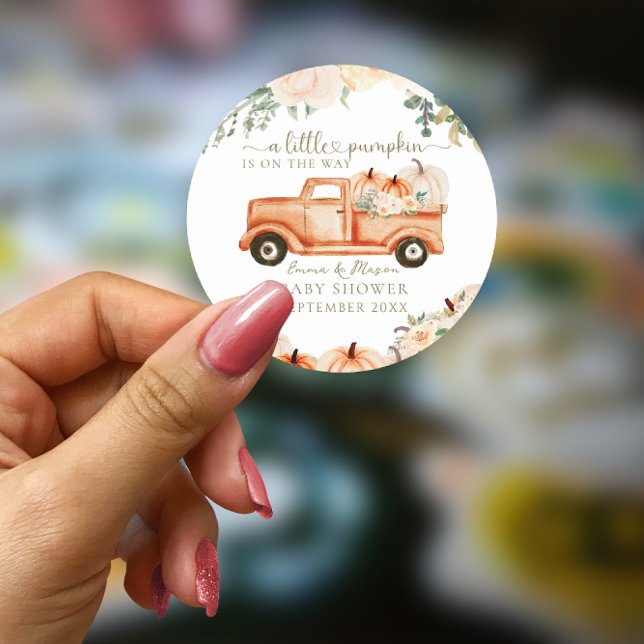 Pumpkin Modern Minimalist Fall Neutral Baby Shower Classic Round Sticker (Creator Uploaded)