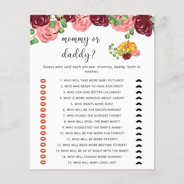 Pumpkin mommy or daddy baby shower game (Front)