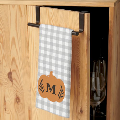 Pumpkin Monogram Grey Plaid  Kitchen Towel