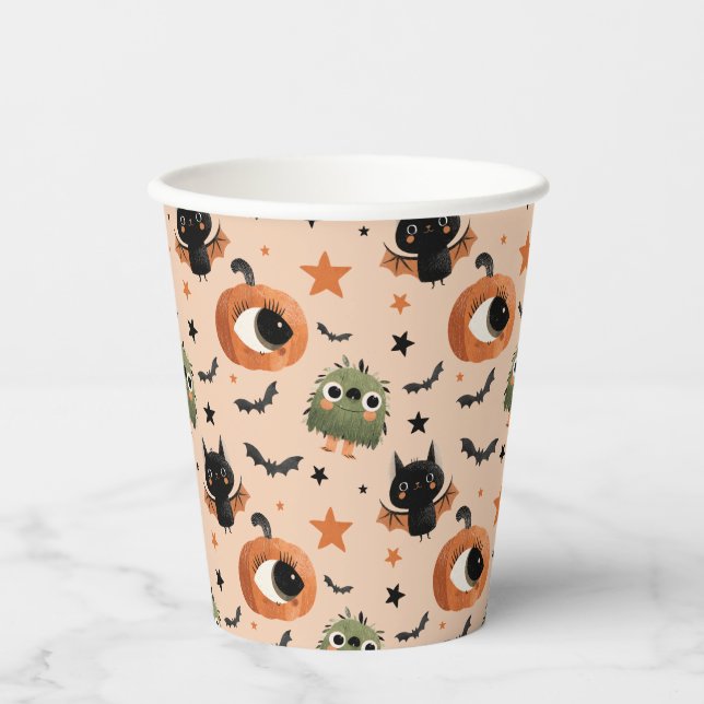 Pumpkin Monster& Bat Pattern Whimsical Halloween  Paper Cups (Front)