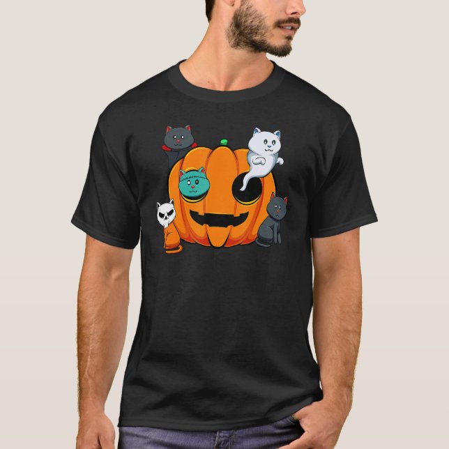 Pumpkin Monster Cats Lazy Halloween Costume Cute K T-Shirt (Front)