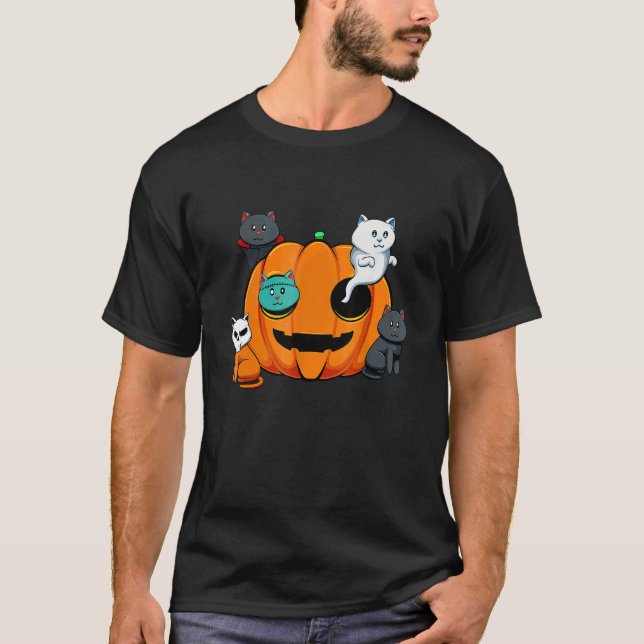 Pumpkin Monster Cats Lazy Halloween Costume Cute K T-Shirt (Front)