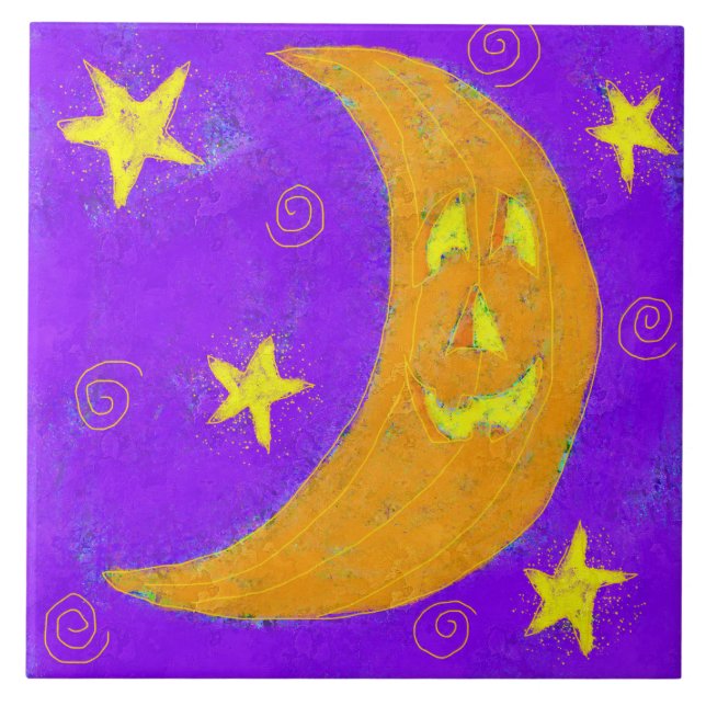 Pumpkin Moon Abstract Halloween Art  Ceramic Tile (Front)
