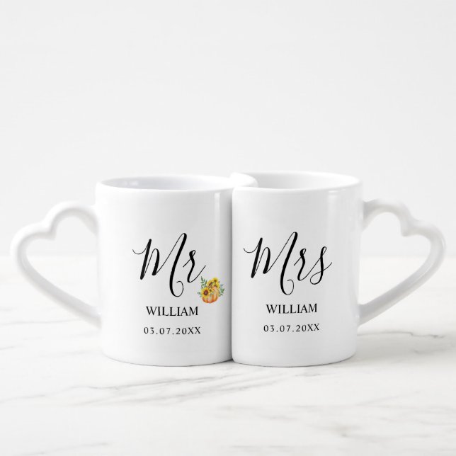Pumpkin Mr. & Mrs. Custom Last Name Coffee Mug Set (Front Nesting)