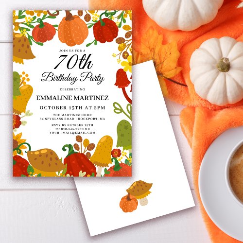  Pumpkin Mushroom Forest Fall 70th Birthday Invitation