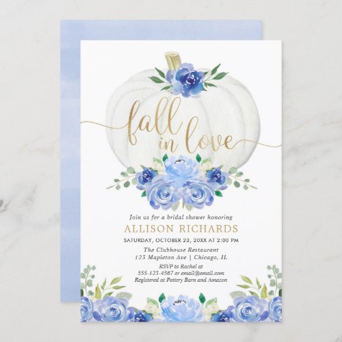 Pumpkin navy blue gold fall in love bridal shower invitation