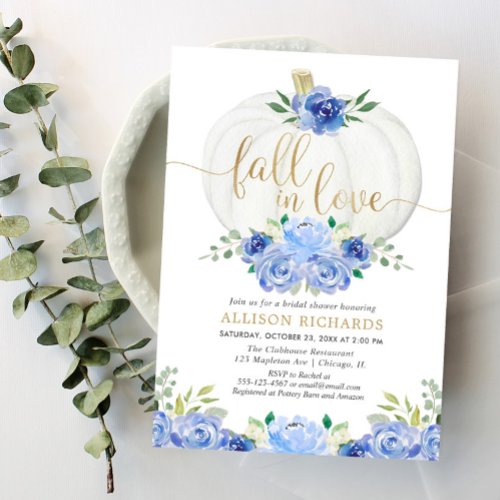 Pumpkin navy blue gold fall in love bridal shower invitation