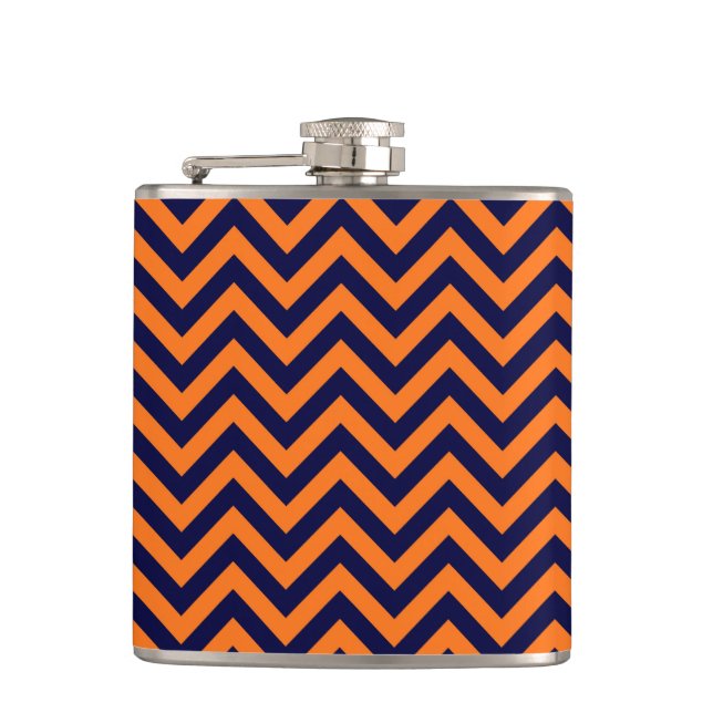 Pumpkin, Navy Blue Large Chevron ZigZag Pattern Flask (Front)