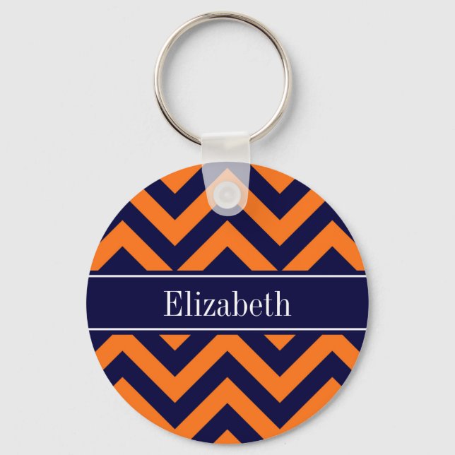 Pumpkin Navy LG Chevron Navy Blue Name Monogram Keychain (Front)
