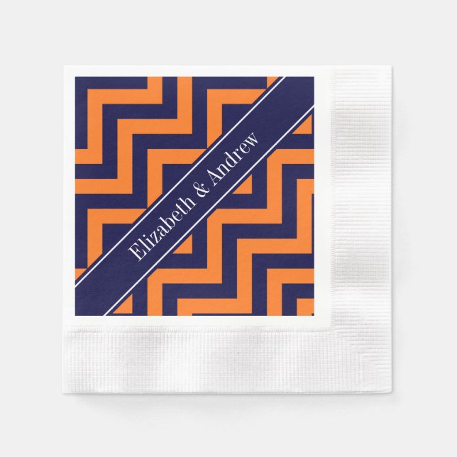 Pumpkin Navy LG Chevron Navy Blue Name Monogram Napkins (Front)