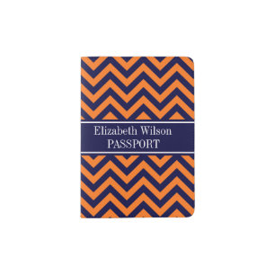 Pumpkin Navy LG Chevron Navy Blue Name Monogram Passport Holder
