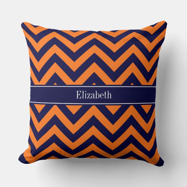 Pumpkin Navy LG Chevron Navy Blue Name Monogram Throw Pillow (Front)