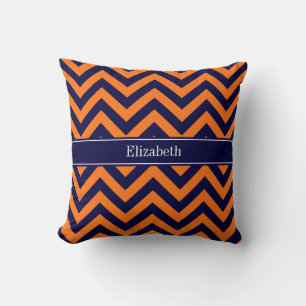 Pumpkin Navy LG Chevron Navy Blue Name Monogram Throw Pillow