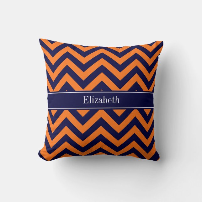 Pumpkin Navy LG Chevron Navy Blue Name Monogram Throw Pillow (Front)