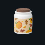 Pumpkin Oak & Candy Corn Candy Jar<br><div class="desc">Smiling and scowling jack o'lanterns mix with pumpkins,  oak leaves,  and cade corn in this festive Halloween pattern!</div>