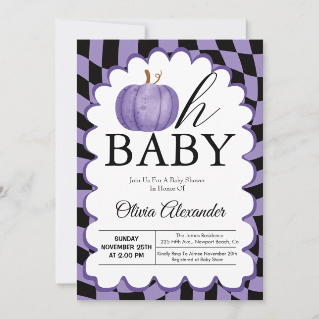 Pumpkin Oh Baby Purple Checkered Baby Shower  Invitation (Front)