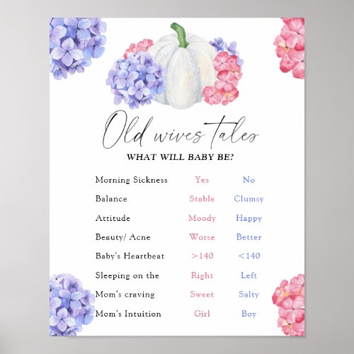 Pumpkin Old Wives Tales Gender Reveal Board  Poster