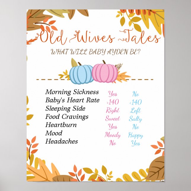 Pumpkin Old Wives Tales Gender Reveal Board Poster (Front)
