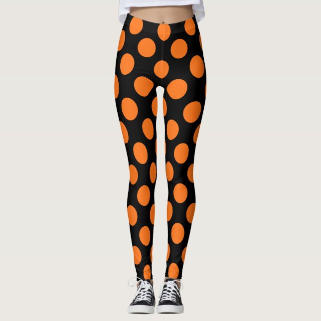 Pumpkin on Black Large Size Polka Dots Leggings (Front)