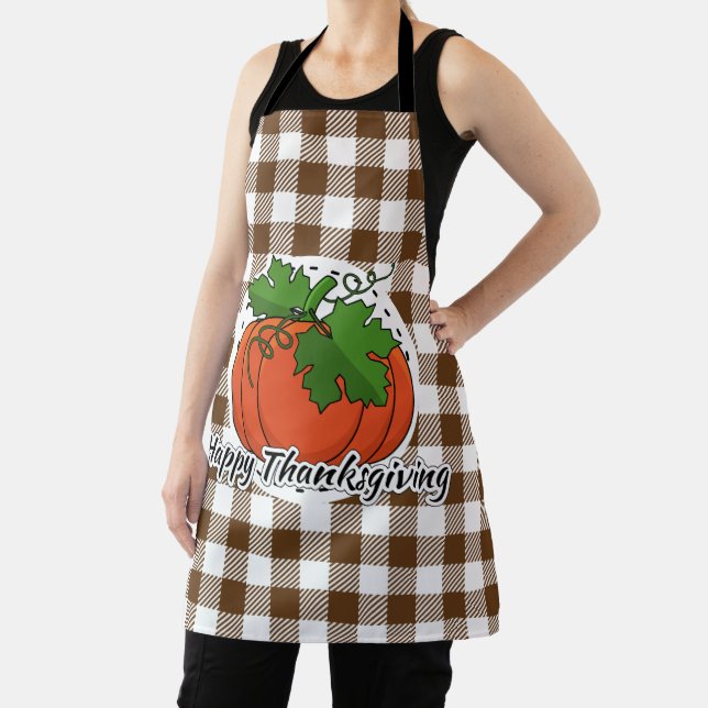 Pumpkin on Brown Plaid - Happy Thanksgiving Apron (Insitu)