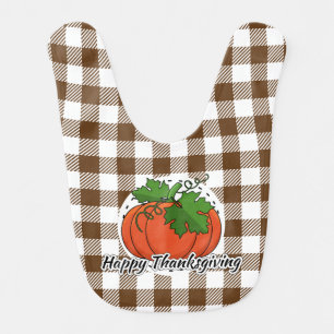 Pumpkin on Brown Plaid - Happy Thanksgiving Baby Bib