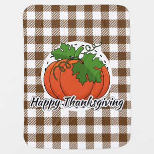 Pumpkin on Brown Plaid - Happy Thanksgiving Baby Blanket