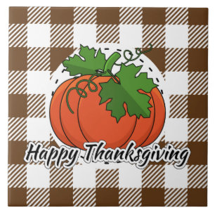 Pumpkin on Brown Plaid - Happy Thanksgiving Ceramic Tile