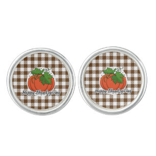 Pumpkin on Brown Plaid - Happy Thanksgiving Cufflinks
