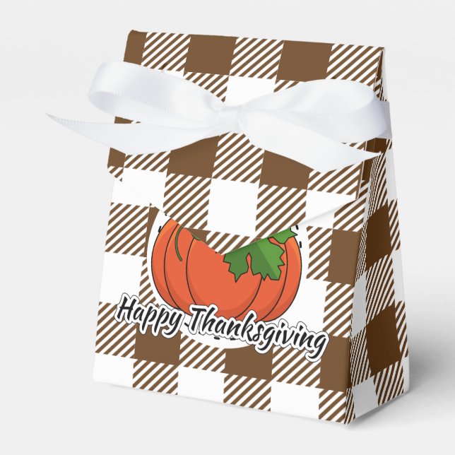 Pumpkin on Brown Plaid - Happy Thanksgiving Favor Boxes (Front Side)