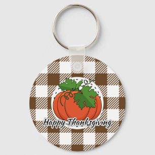 Pumpkin on Brown Plaid - Happy Thanksgiving Keychain