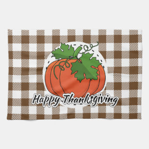 Pumpkin on Brown Plaid - Happy Thanksgiving Kitchen Towel