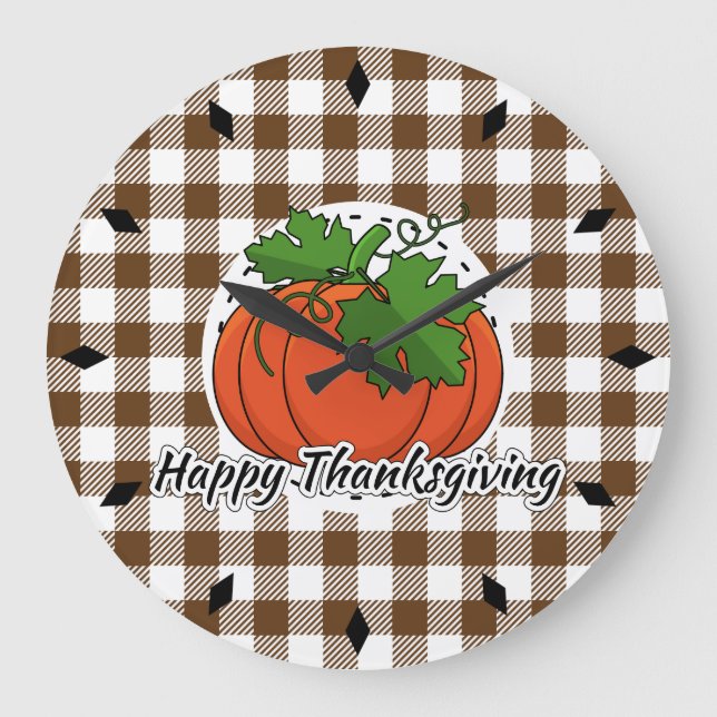 Pumpkin on Brown Plaid - Happy Thanksgiving Large Clock (Front)