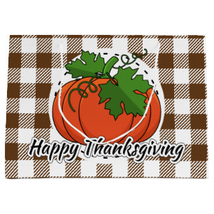 Pumpkin on Brown Plaid - Happy Thanksgiving Large Gift Bag