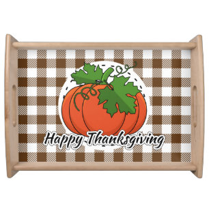 Pumpkin on Brown Plaid - Happy Thanksgiving Serving Tray