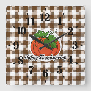 Pumpkin on Brown Plaid - Happy Thanksgiving Square Wall Clock