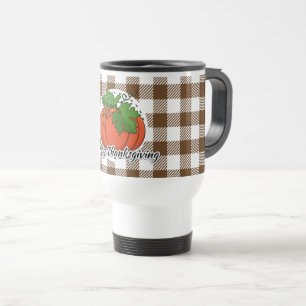 Pumpkin on Brown Plaid - Happy Thanksgiving Travel Mug