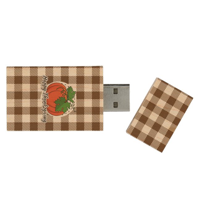 Pumpkin on Brown Plaid - Happy Thanksgiving Wood Flash Drive (Opened)