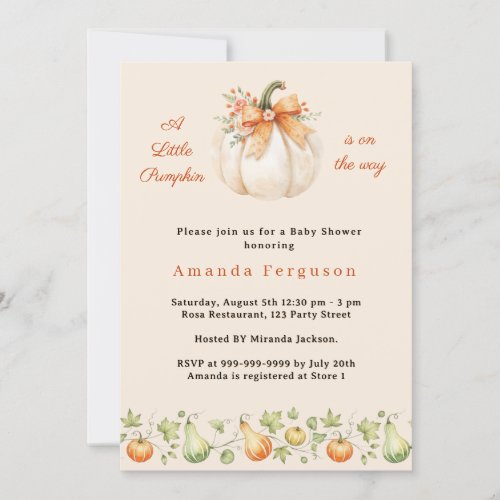 Pumpkin on the way fall cream Baby Shower Invitation