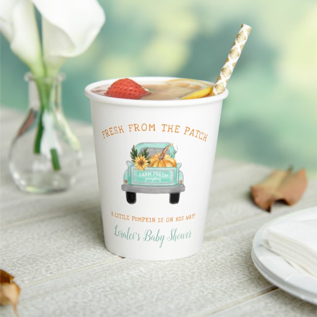 Pumpkin On The Way Farm Truck Fall Baby Shower Paper Cups (Insitu)
