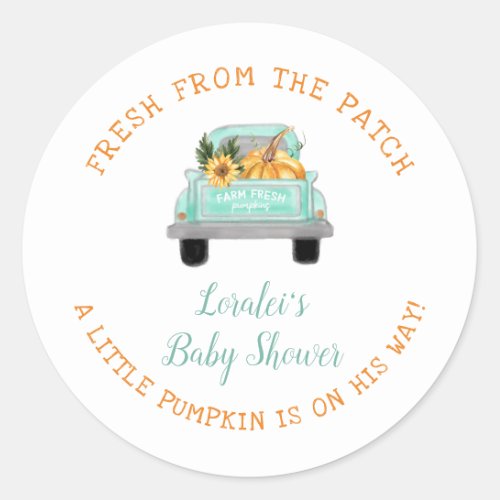 Pumpkin On The Way Old Farm Truck Fall Baby Shower Classic Round Sticker