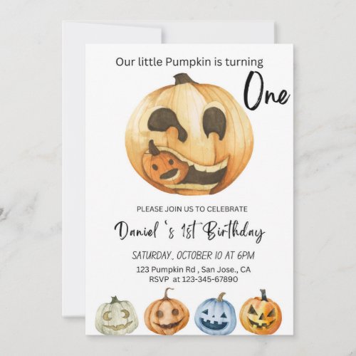 Pumpkin one year 1st birthday boy facefall invitation