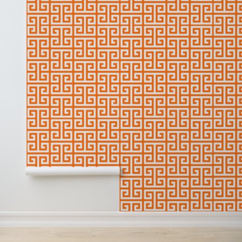 Pumpkin Orange and White Greek Key Wallpaper