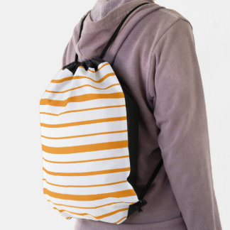 Pumpkin Orange and White Stripe Drawstring Bag