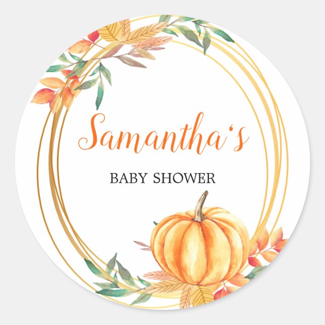 Pumpkin Orange Baby Shower Fall Leaves Classic Round Sticker (Front)