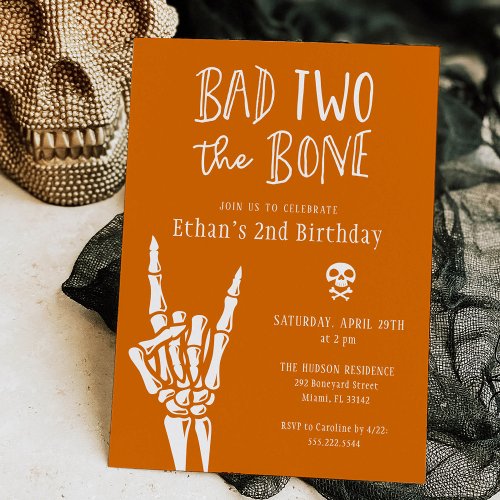 Pumpkin Orange Bad Two The Bone 2nd Birthday Party Invitation